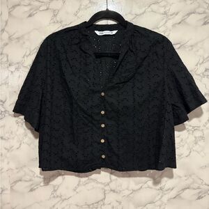 Zara Black Eyelet Button-Up Blouse M